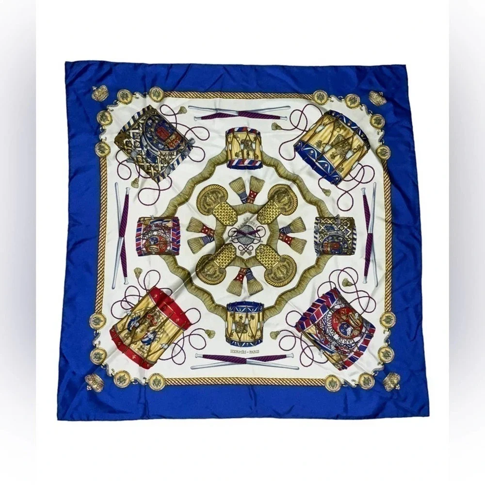 Hermès Les Tambours 100% Silk Scarf. Blue - Picture 13 of 13